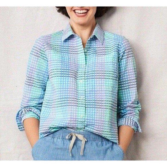 L.L. Bean Tops - LL Bean Vacationland Seersucker Pastel Gingham Plaid Button Up Shirt Size Large